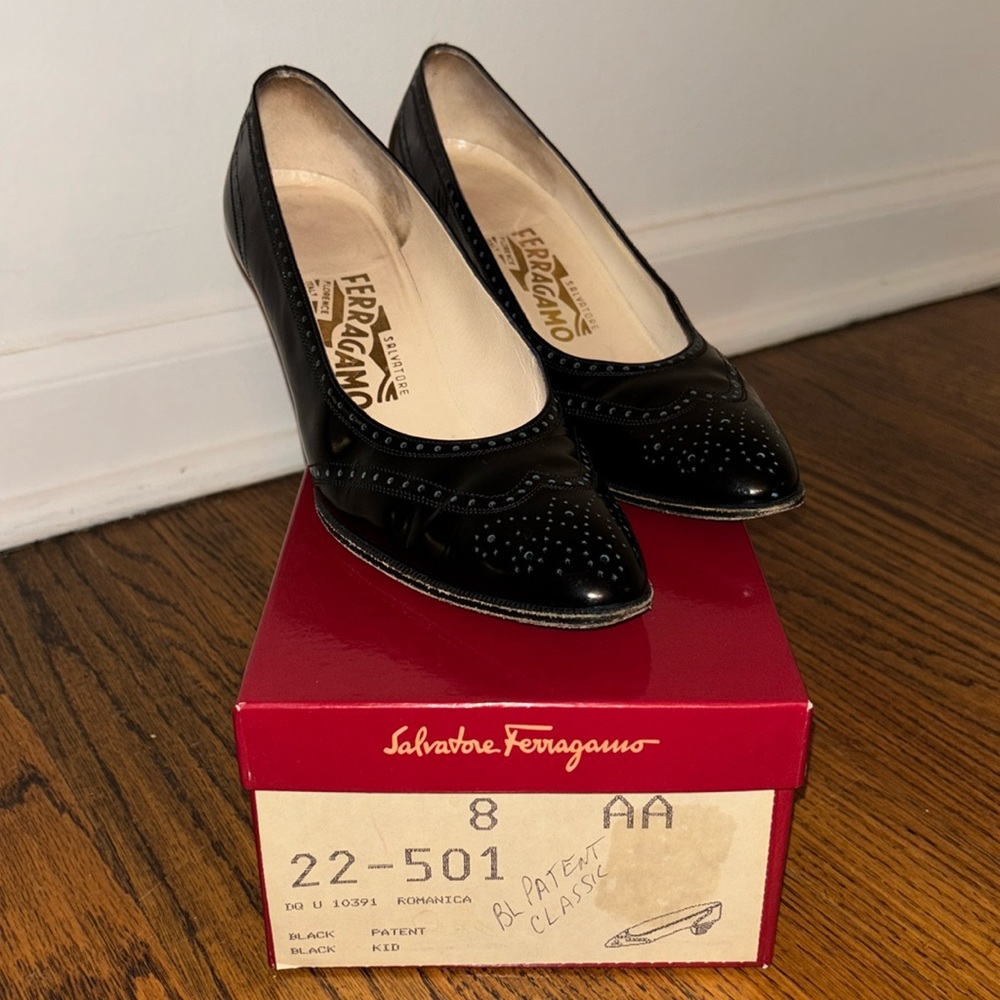 Ferragamo Romanica Black Patent Pumps